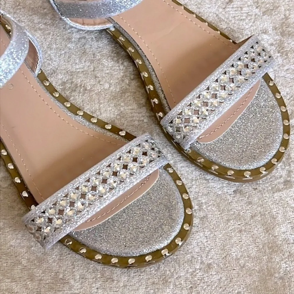 Brand New Link Silver Tone Beaded Embellished Sparkly Ankle Strap Buckle Sandals